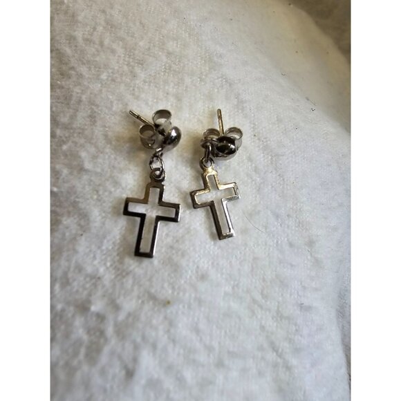 Tiny Short Dangle Outlined Silver Toned Earrings Cross Christian Casual Cute - Picture 4 of 9